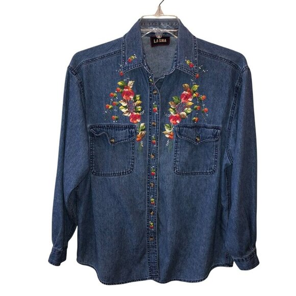 VTG Lasha Large Denim Flower Painted Floral Long Sleeve Button Up Shirt Top Sz L - Picture 2 of 10